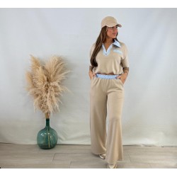 Conjunto polo rayas beige