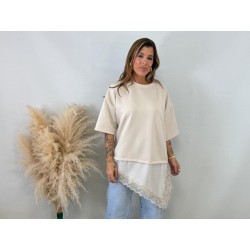 Camiseta encaje / raso beige