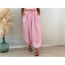 Pantalón lino rayas rosa
