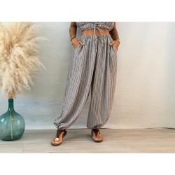 Pantalón lino rayas marrón