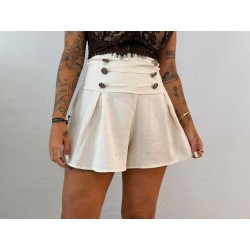Pantalón lino botones beige