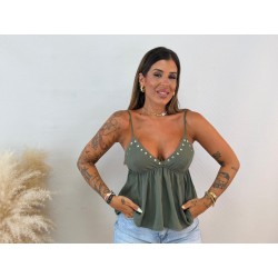 Top lino chinchetas verde