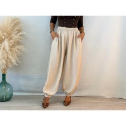 Pantalón bambula botón beige