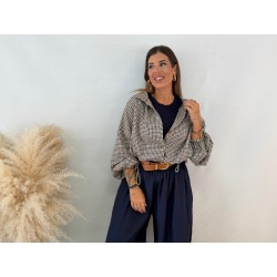 Bomber cuadros camel/azul